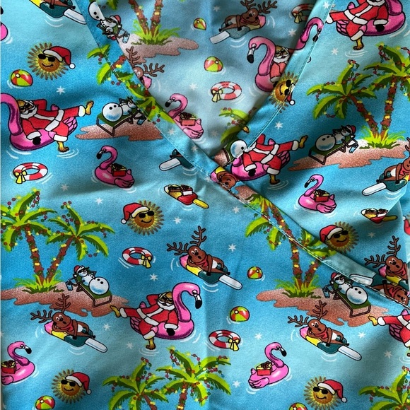 Festive Christmas Flamingo and Santa Print Scrub Top - Picture 7 of 9